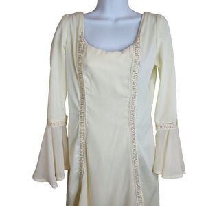 Vintage 60s Mod Dress Size S Ivory Gold Grecian Greek Key Wedding Flounce Sleeve
